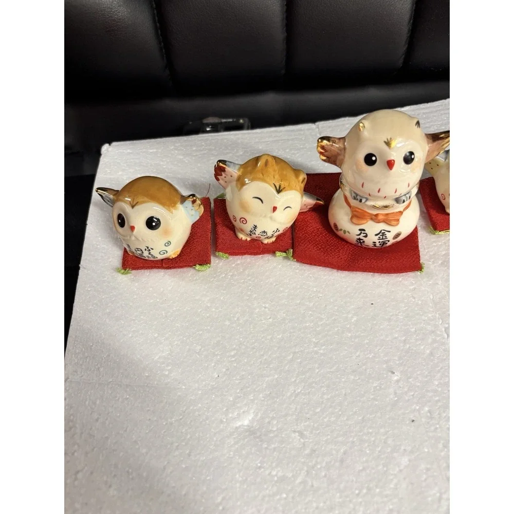 Vintage Yakushigama Japan Pottery Owls Set 5 Pcs Lucky Fukurou Fortune Decor⁠